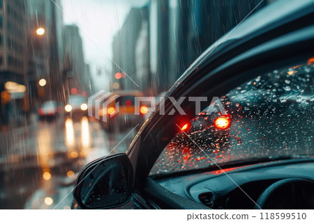 blurred street scene through car windows with rain drop. 118599510