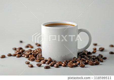 White coffee mug mockup with coffee beans on wooden table. 118599511