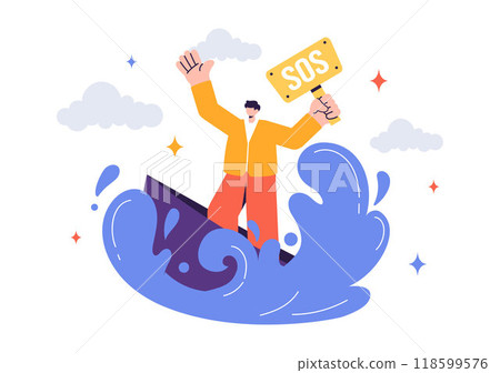 SOS Message Illustration featuring People in Need of Emergency Assistance in Various Situations like Being Lost, Drowning, Stranded on an Island 118599576