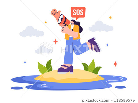 SOS Message Illustration featuring People in Need of Emergency Assistance in Various Situations like Being Lost, Drowning, Stranded on an Island SOS Message Illustration featuring People in Need of Emergency Assistance in Various Situations like Being Lost, Drowning, Stranded on an Island 118599579