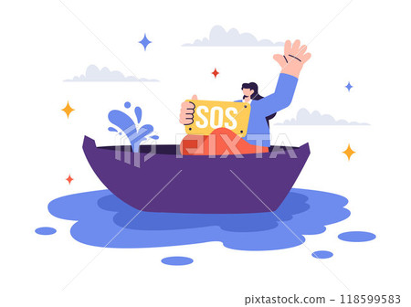 SOS Message Illustration featuring People in Need of Emergency Assistance in Various Situations like Being Lost, Drowning, Stranded on an Island SOS Message Illustration featuring People in Need of Emergency Assistance in Various Situations like Being Lost, Drowning, Stranded on an Island 118599583