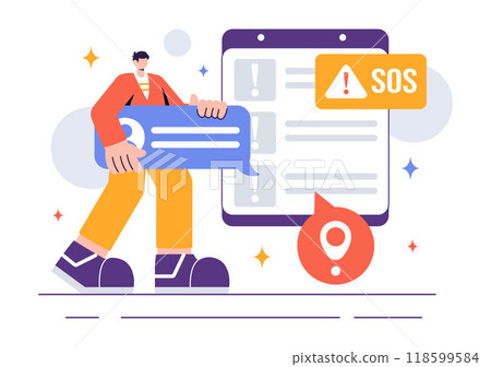 SOS Message Illustration featuring People in Need of Emergency Assistance in Various Situations like Being Lost, Drowning, Stranded on an Island SOS Message Illustration featuring People in Need of Emergency Assistance in Various Situations like Being Lost, Drowning, Stranded on an Island 118599584