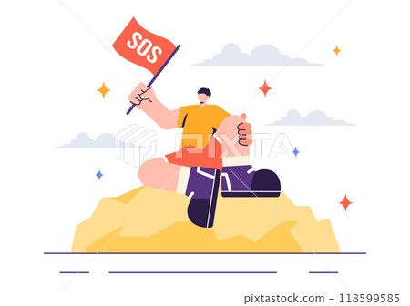 SOS Message Illustration featuring People in Need of Emergency Assistance in Various Situations like Being Lost, Drowning, Stranded on an Island SOS Message Illustration featuring People in Need of Emergency Assistance in Various Situations like Being Lost, Drowning, Stranded on an Island 118599585