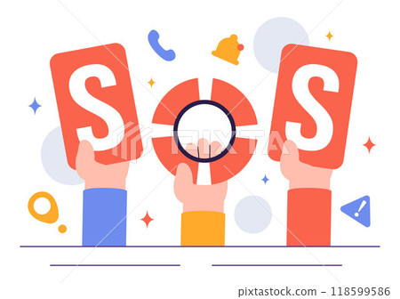 SOS Message Illustration featuring People in Need of Emergency Assistance in Various Situations like Being Lost, Drowning, Stranded on an Island 118599586