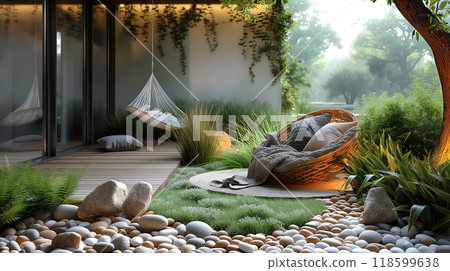 Cozy snug veranda patio design with wicker furniture in backyard garden 118599638
