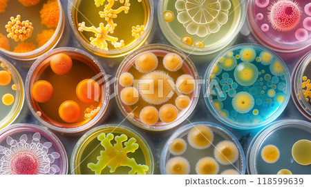 Colorful bacteria colonies in various petri dish background 118599639