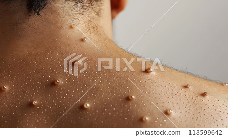 Close-up of skin with vesicles on upper back. Symptom of monkeypox Close-up of skin with vesicles on upper back. Symptom of monkeypox 118599642