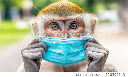 Monkey wearing protective mask. Containing monkeypox epidemic concept Monkey wearing protective mask. Containing monkeypox epidemic concept 118599643
