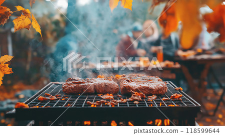 Autumn bbq grilling: juicy steaks on outdoor grill amidst fall foliage Autumn bbq grilling: juicy steaks on outdoor grill amidst fall foliage 118599644