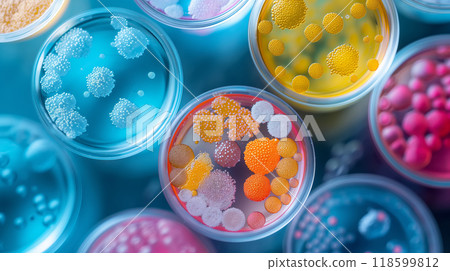 Colorful bacteria colonies in various petri dish close-up 118599812