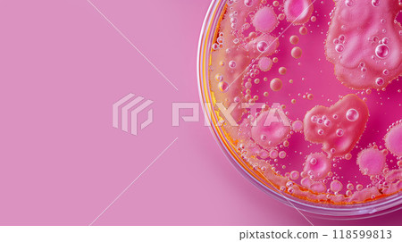 Pink bacteria colonies in petri dish close-up, copy space 118599813