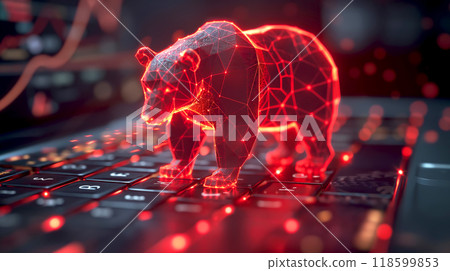 Bear market concept. Red holographic bear and red stock market chart on laptop Bear market concept. Red holographic bear and red stock market chart on laptop 118599853