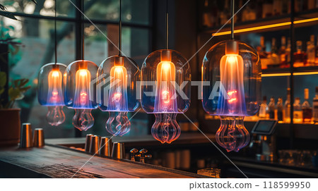 Empty bar counter with creative jellyfish shaped lamps 118599950