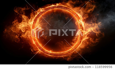 Flaming fire ring frame with smoke on dark background 118599956