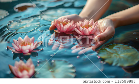 Female hands with lotus flowers in clear blue water. Physical and mental health and self care concept 118599995