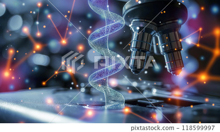Genetic engineering concept. Microscope and holographic dna spiral in abstract laboratory 118599997