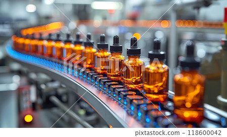 Automated Robotic cosmetic serum Line. Skincare production plant indoors 118600042