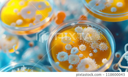 Colorful bacteria colonies in various petri dish close-up Colorful bacteria colonies in various petri dish close-up 118600043