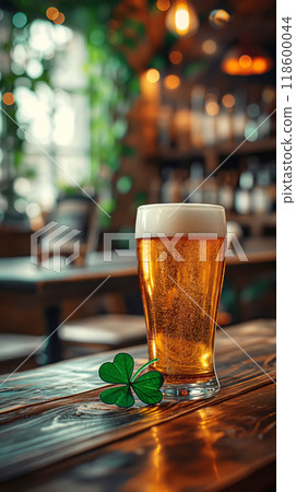 Beer with shamrock decoration, set on wooden bar, embodying festive spirit of St. Patrick's Day celebrations Beer with shamrock decoration, set on wooden bar, embodying festive spirit of St. Patrick's Day celebrations 118600044