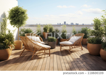 Cozy outdoor roof terrace with armchairs and potted plants Cozy outdoor roof terrace with armchairs and potted plants 118600109