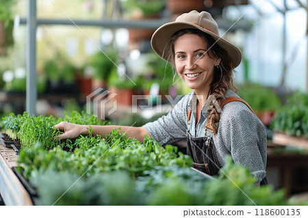 Smiling young woman tending plants in a lush greenhouse 118600135