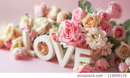 Word Love decorated with delicate roses on pink background. Valentine's Day concept Word Love decorated with delicate roses on pink background. Valentine's Day concept 118600136