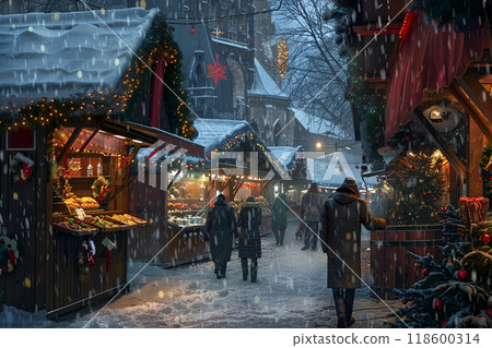 Winter old town with people shopping at Christmas holiday market, Xmas fair on street. Characters outdoors at wintertime Weihnachtsmarkt festive urban scene 118600314