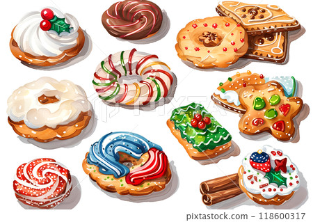 Christmas gingerbread cookies. Winter homemade Xmas sweets. New Year's gingerbread. Striped candy, star, round cookies with white, red and green sweet sugar glaze. Cartoon illustrations for Christmas 118600317