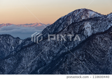 冬天從丹澤的塔野岳看到的白嶽山和奧道部山脈的黎明 118600440