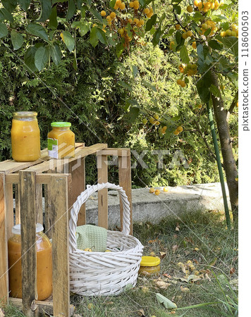 Rolled jars of jam under tree with apples. Harvest in garden. Small yellow apples and jam for dessert, cooking for winter. Environmentally friendly product.  118600503