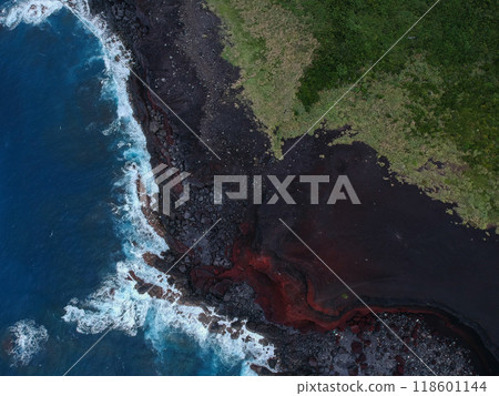 Aerial view of rocky coastline, ocean and grassland Aerial view of rocky coastline, ocean and grassland 118601144