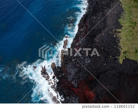 Aerial view of rocky coastline, ocean and grassland 118601152