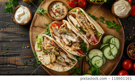 Overhead shot of chicken shawarma pitas with garlic sauce, tahini, tomatoes, cucumbers, and pickles 118601161