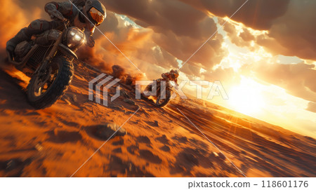 Martian bikers ride through a canyon-like desert, their futuristic motorcycles kicking up dust on steep, rocky terrain 118601176
