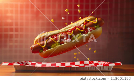 Classic hot dog levitating above a red-checkered tray, topped with mustard, ketchup, relish, and onions 118601193