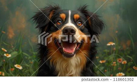 A laughing dog against a dark green forest background, with bright eyes and a wide, cheerful grin A laughing dog against a dark green forest background, with bright eyes and a wide, cheerful grin 118601302