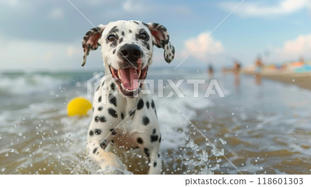 Dalmatian joyfully romping along the shoreline, its spots standing out against the golden sand and azure waves 118601303