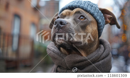 American Staffordshire Terriers exploring city streets, walking beside their owners through bustling neighborhoods 118601309