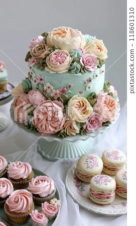 Floral Garden Cake: Elegant cake with pastel buttercream flowers and matching cupcakes on a floral stand 118601310