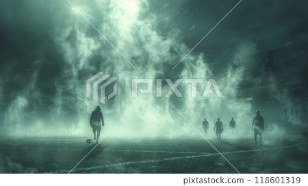 Footballer in silhouette, dribbling through a misty, rain-soaked stadium pitch with surreal lighting Footballer in silhouette, dribbling through a misty, rain-soaked stadium pitch with surreal lighting 118601319
