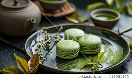 Japanese-style plate with matcha macarons in a refined restaurant setting 118601355