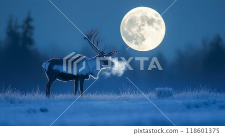 A reindeer stands on a hill under the full moon. The concept of Christmas and the beauty of wildlife. Generative AI. 118601375