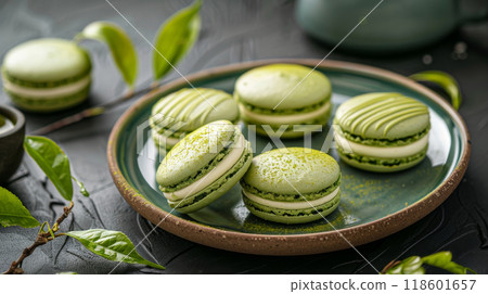 Matcha green tea macarons with white chocolate ganache on a Japanese-style plate 118601657
