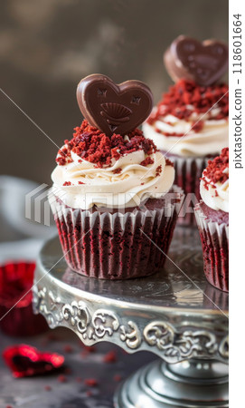 Red velvet cupcakes with cream cheese frosting, red velvet crumbs, and chocolate hearts on a silver cake stand 118601664