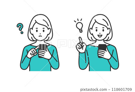 A set of young women looking at their smartphones and having doubts/inspiration poses [People vector illustration material] 118601709