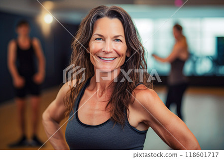 Portrait of smiling woman standing in fitness studio with trainer in background. Selective Focus 118601717