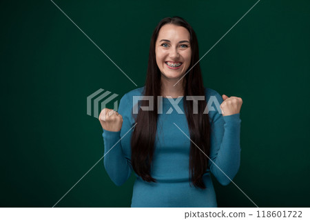 Woman With Long Black Hair in Blue Shirt 118601722