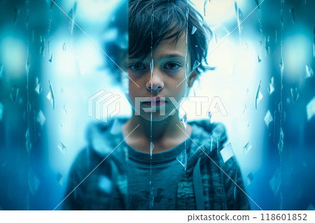 Portrait of a sad little boy looking through the raindrops. Selective Focus 118601852