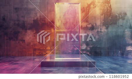 Glass holographic pedestal on grunge concrete wall. Generative AI 118601952