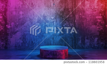 Blue purple pedestal on grunge concrete wall. Generative AI 118601958